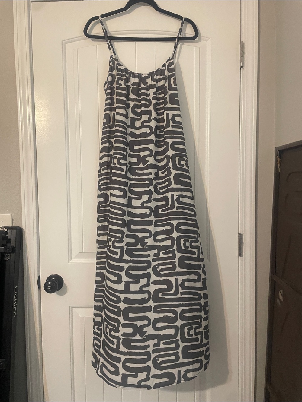 Spiral-Print Grey & White Maxi Slip Dress with Adjustable Straps
